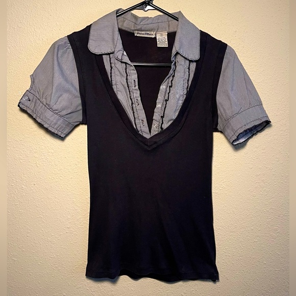 Layered Striped Short Sleeve Collar Top - Picture 3 of 5